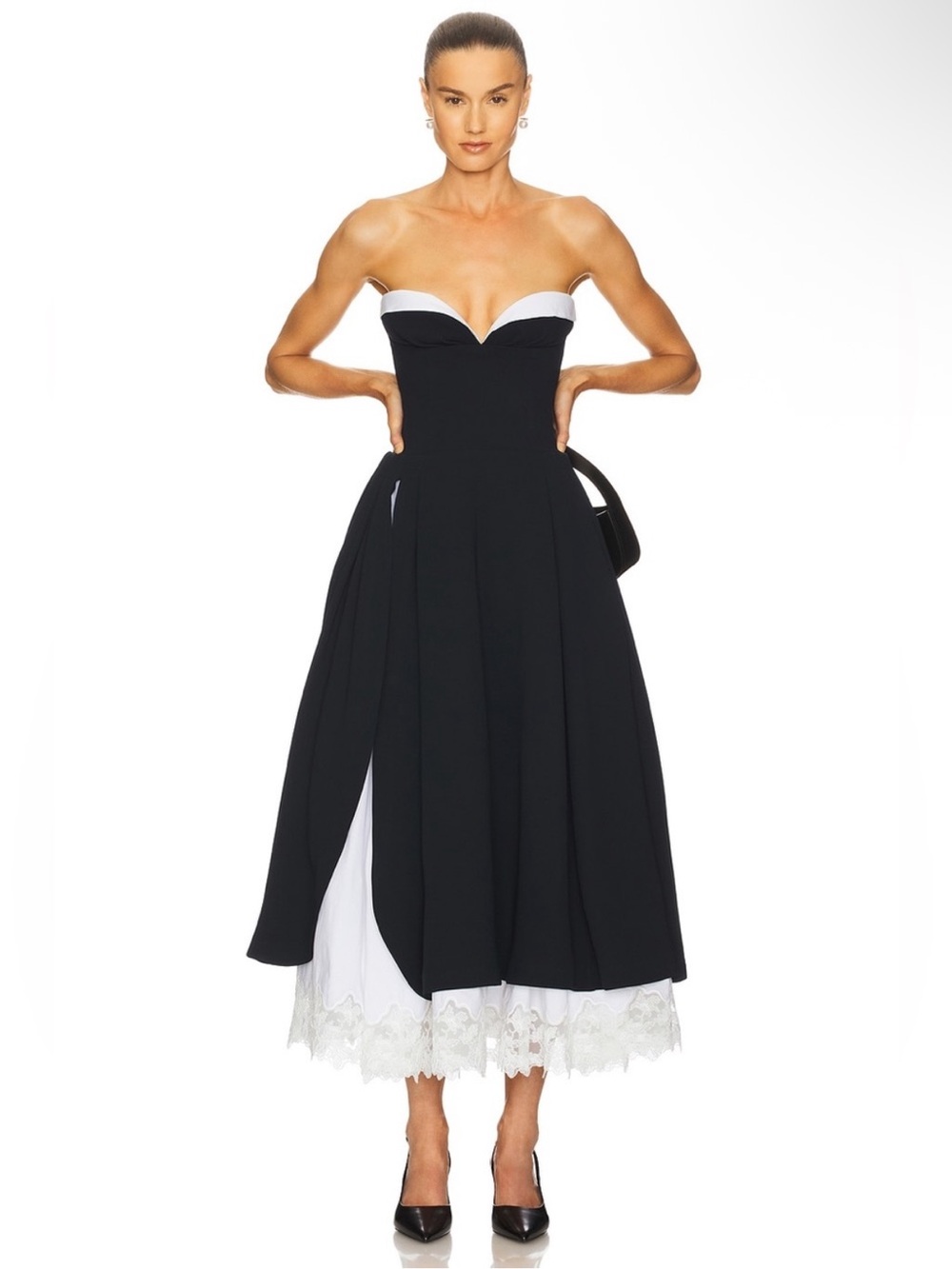Helsa The Finale Midi Dress With Lace & Poplin Black White Strapless Poofy Gown